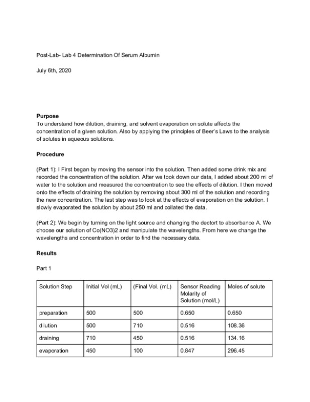 Post-Lab (Lab 4) - Determination Of Serum Albumin  CHEM 123 preview image