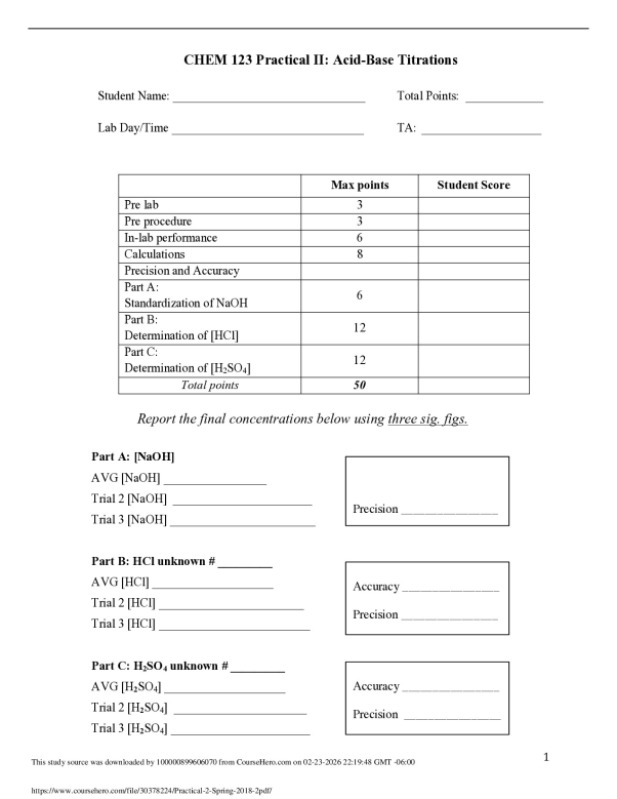 CHEM 123 Practical II: Acid-Base Titrations preview image