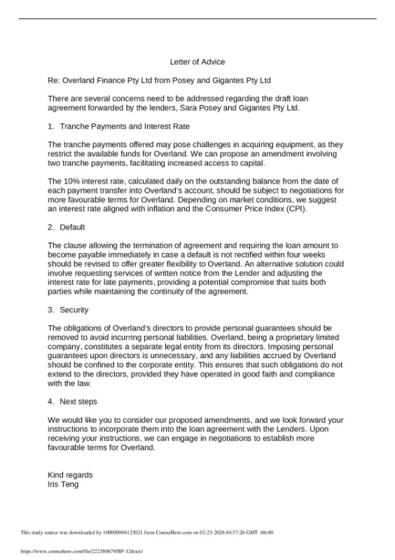 Letter of Advice [Re: Overland Finance Pty Ltd from Posey and Gigantes Pty Ltd] preview image