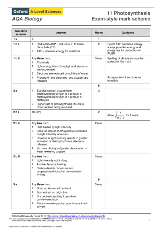 AQA Biology 11 Photosynthesis Exam-style mark scheme preview image