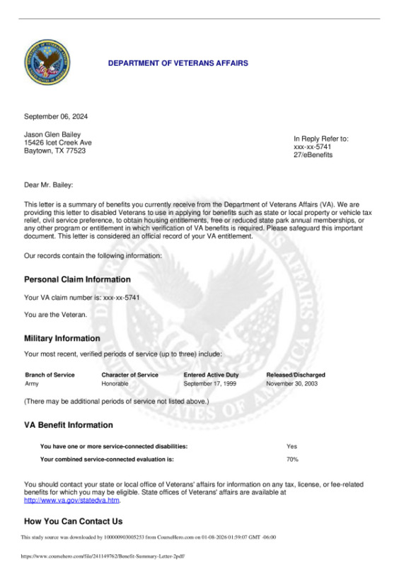summary of benefits you currently receive from the Department of Veterans Affairs (VA)Texas Connections Academy @ Housto... preview image