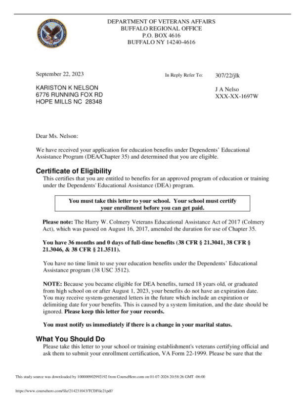 DEPARTMENT OF VETERANS AFFAIRS BUFFALO REGIONAL OFFICE( application for education benefits under Dependents’ Educational... preview image