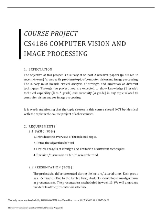 City University of Hong Kong CS 4186 COURSE PROJECT  COMPUTER VISION ANDIMAGE PROCESSING preview image