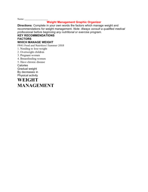 Weight Management Graphic Organizer