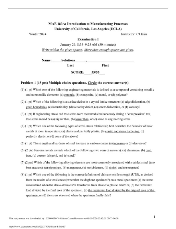 MAE 183A: Introduction to Manufacturing Processes University of California, Los Angeles (UCLA) Winter 2024 Instructor: C... preview image