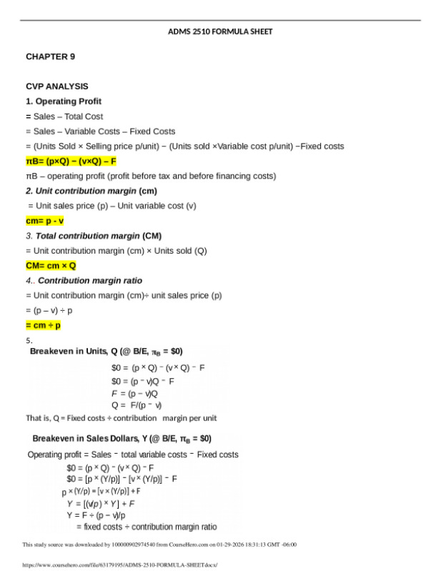ADMS 2510 FORMULA SHEET preview image
