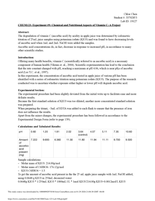 CHEM123: Experiment #9: Chemical and Nutritional Aspects of Vitamin C: A Project preview image