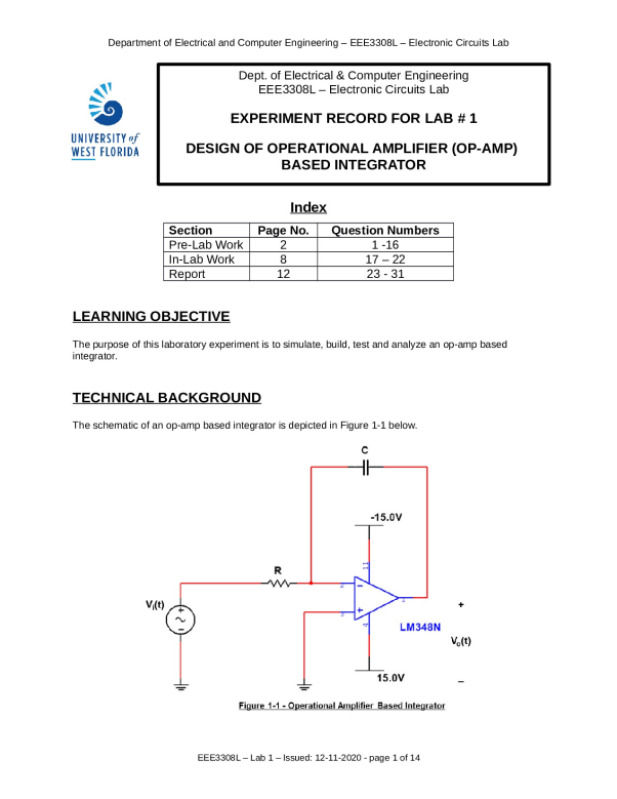 Dept. of Electrical & Computer EngineeringEEE3308L – Electronic Circuits Lab EXPERIMENT RECORD FOR LAB # 1DESIGN OF OPER... preview image