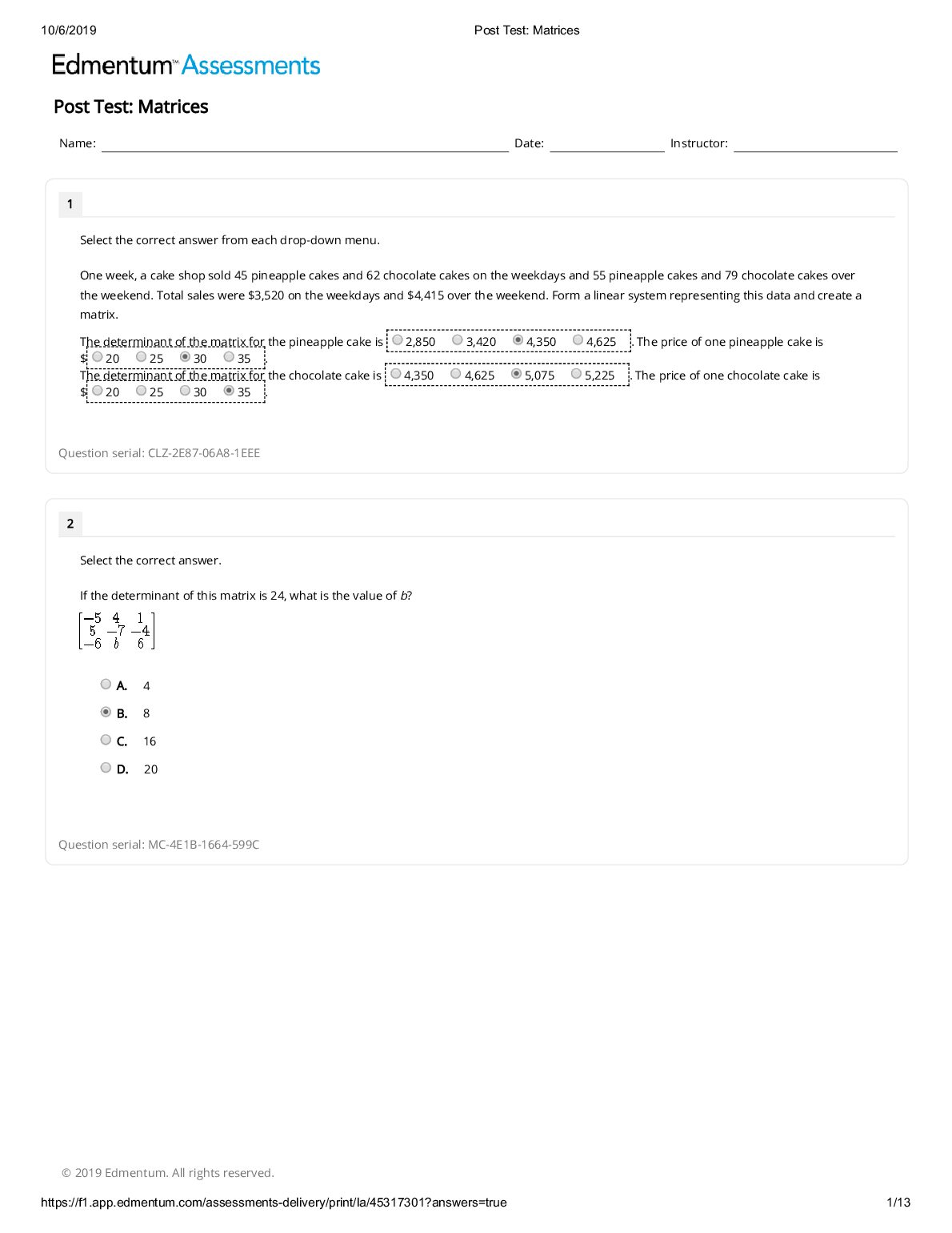 Edmentum Assessments  Post Test_ Matrices preview image