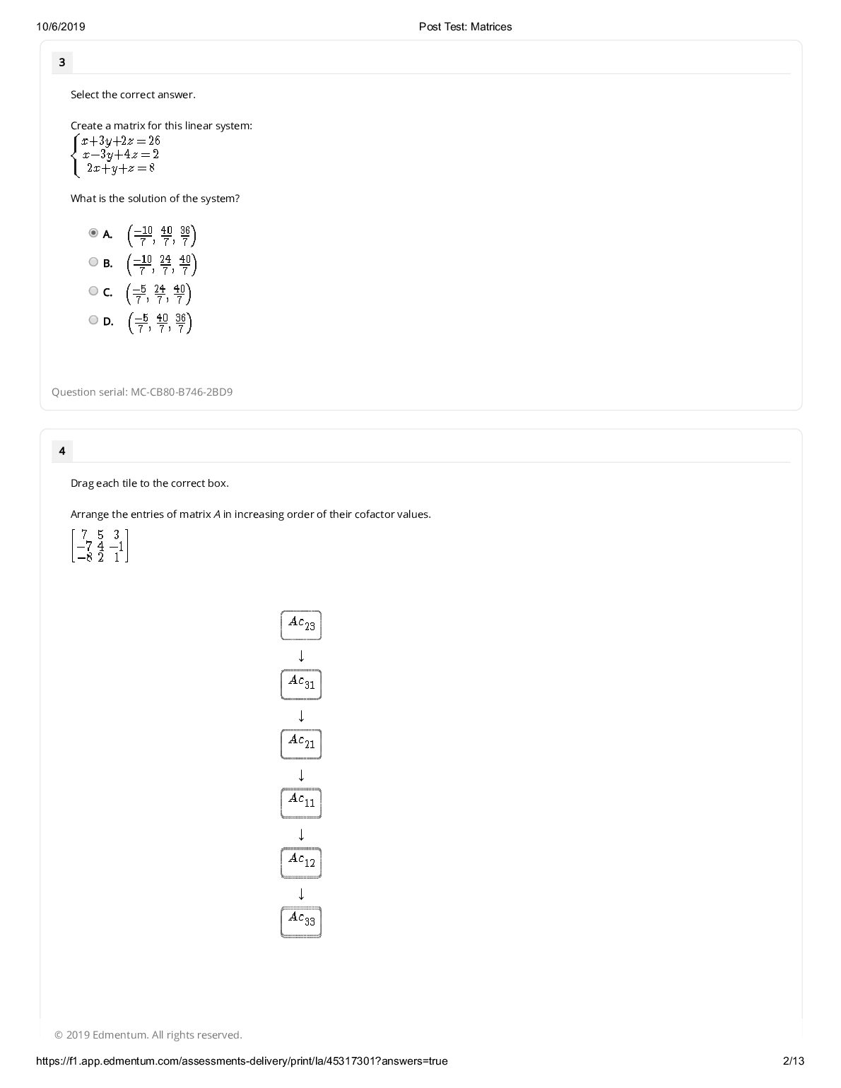 Edmentum Assessments  Post Test_ Matrices document preview page 2
