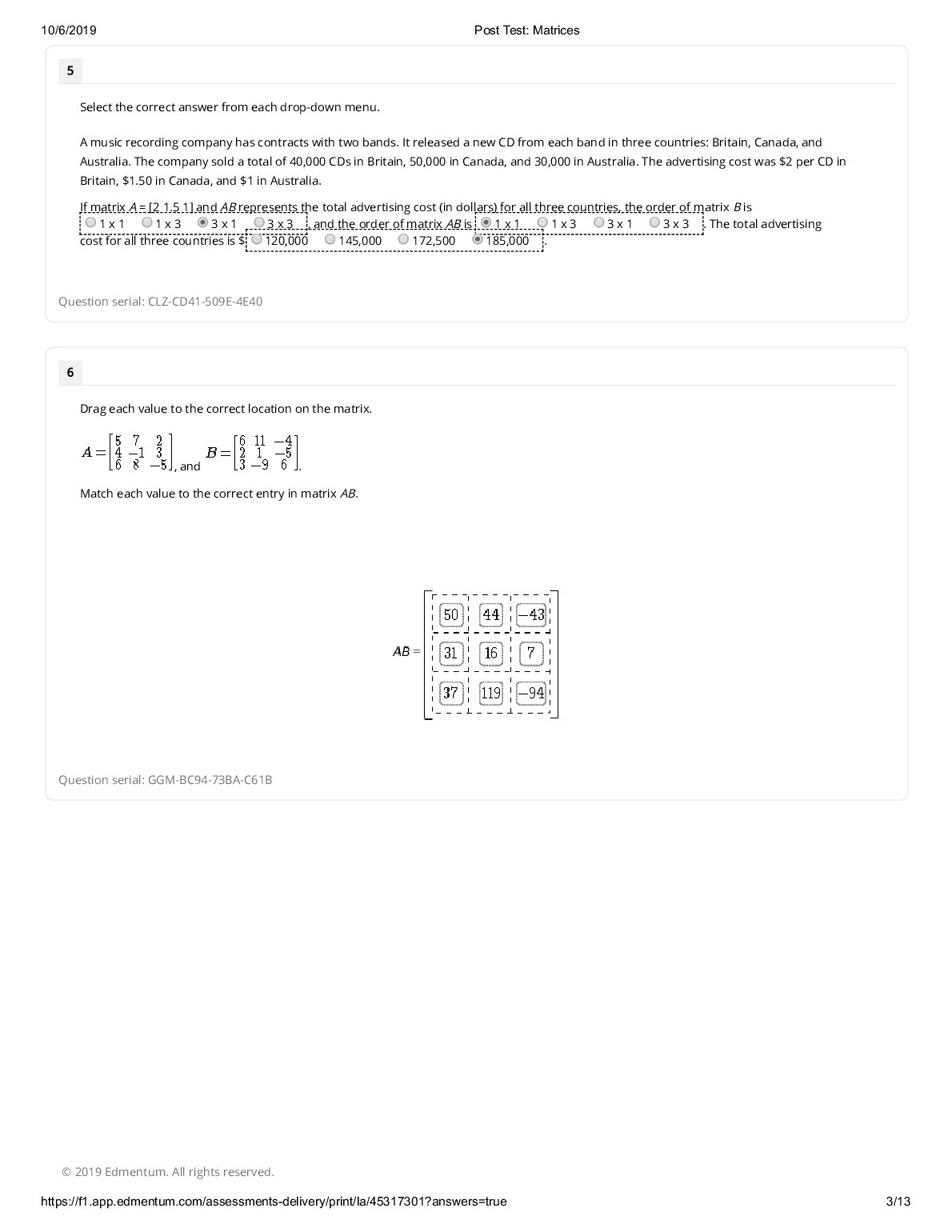 Edmentum Assessments  Post Test_ Matrices document preview page 3