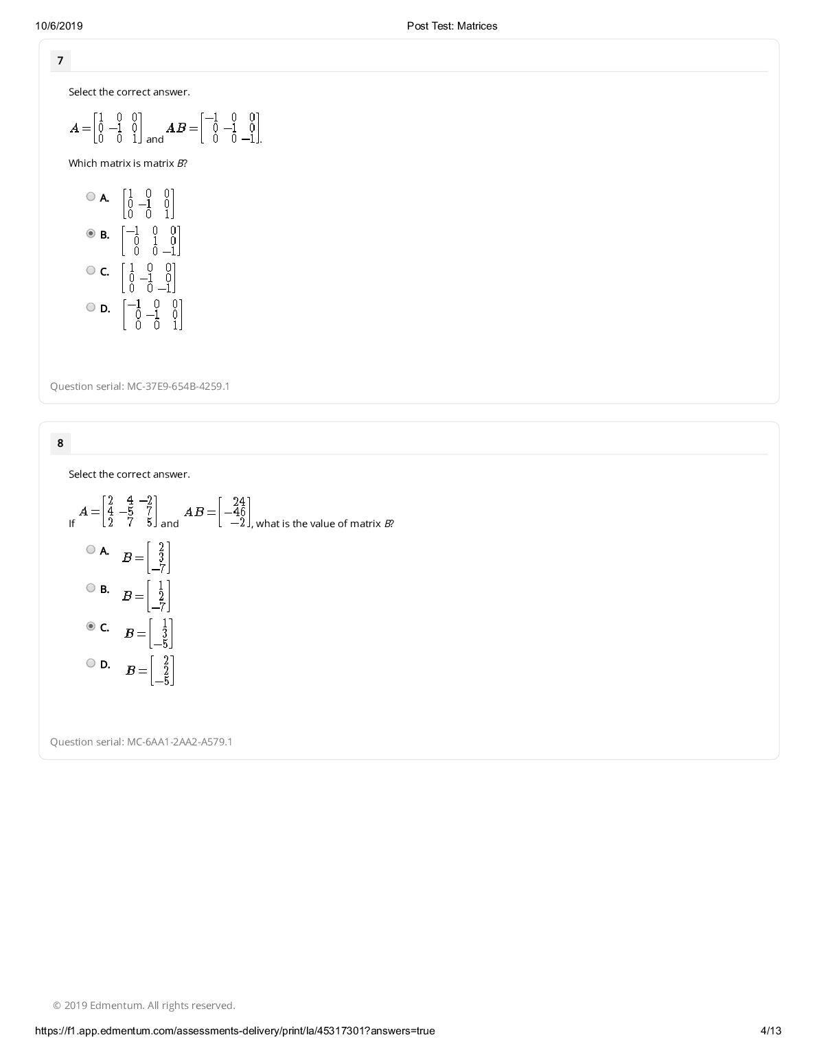 Edmentum Assessments  Post Test_ Matrices document preview page 4