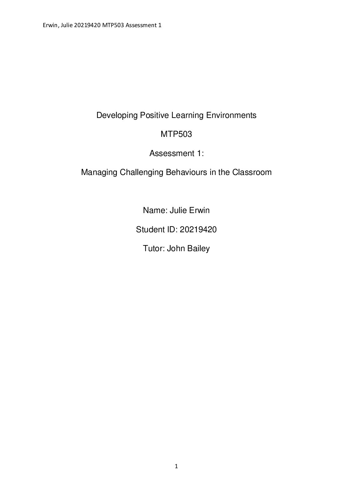 Developing Positive Learning Environments  MTP 503  Assessment 1: preview image