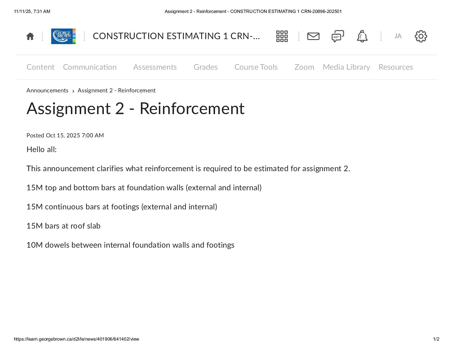 CONSTRUCTION ESTIMATING 1 Reinforcement - Assignment 2 preview image