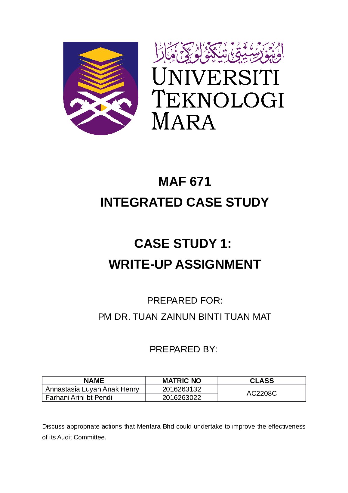 MAF 671  INTEGRATED CASE STUDY  CASE STUDY 1:  WRITE-UP ASSIGNMENT preview image