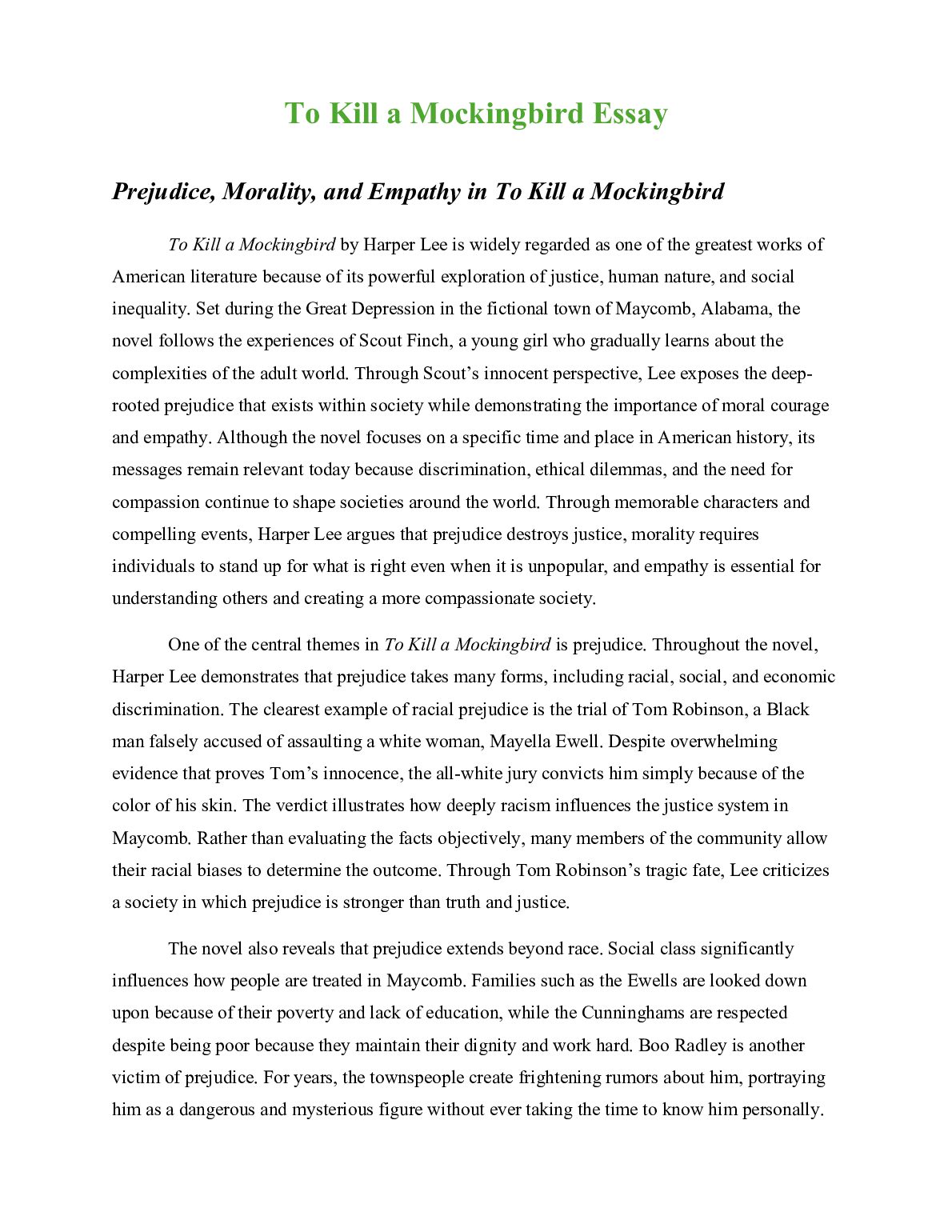 To Kill a Mockingbird Essay Prejudice, Morality, and Empathy in To Kill a Mockingbird preview image