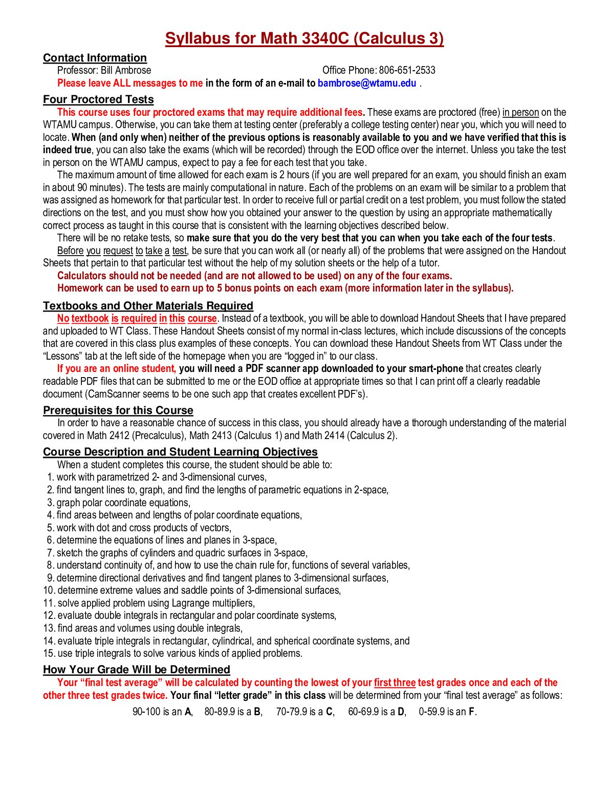 Syllabus for Math 3340C (Calculus 3) preview image