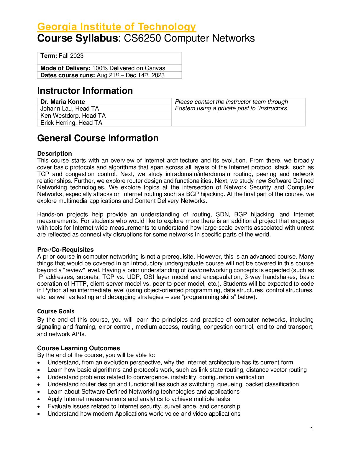 CS  6250 Computer Networks Syllabus preview image