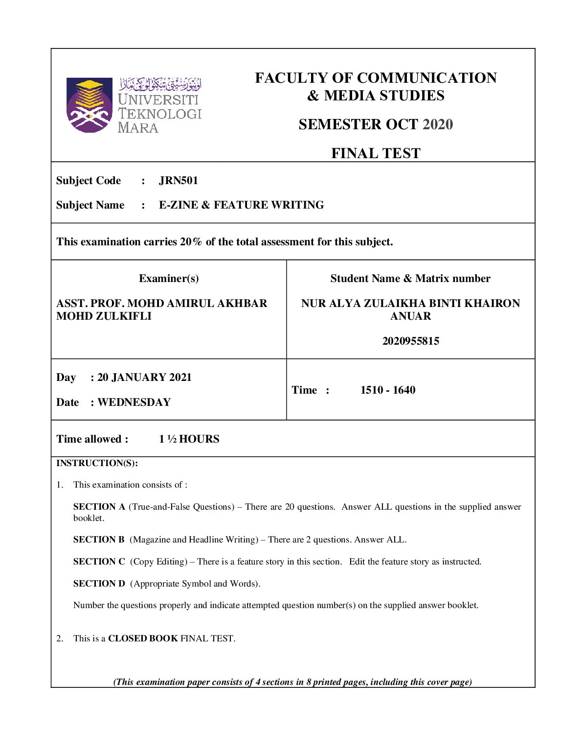 JRN 501 E-ZINE & FEATURE WRITING FINAL TEST preview image