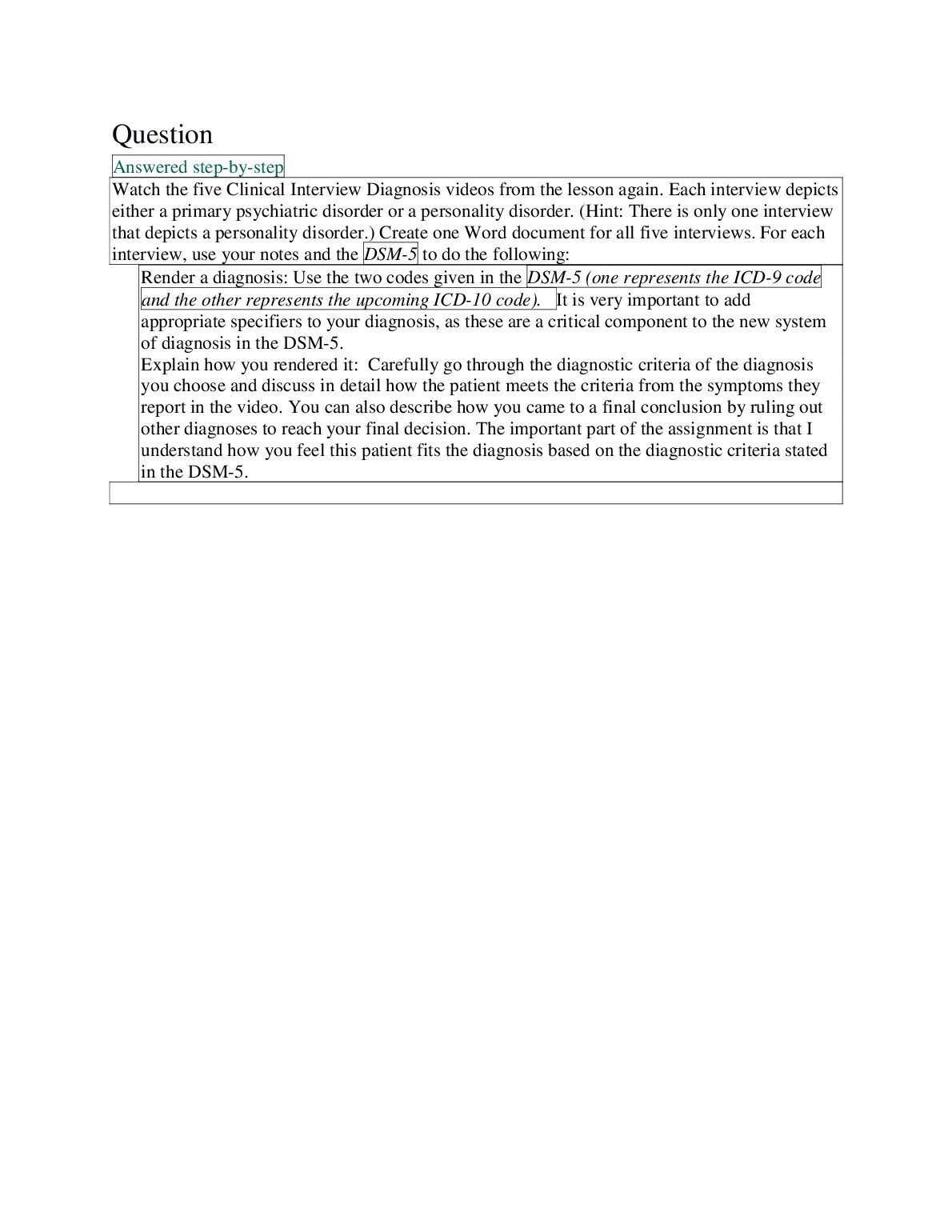 Watch the five Clinical Interview Diagnosis videos from the lesson again. Each interview depicts either a primary psychi... preview image