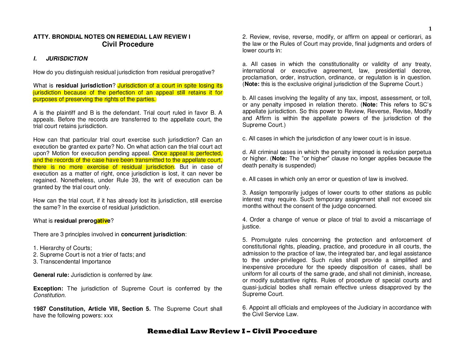 ATTY. BRONDIAL NOTES ON REMEDIAL LAW REVIEW I Civil Procedure preview image
