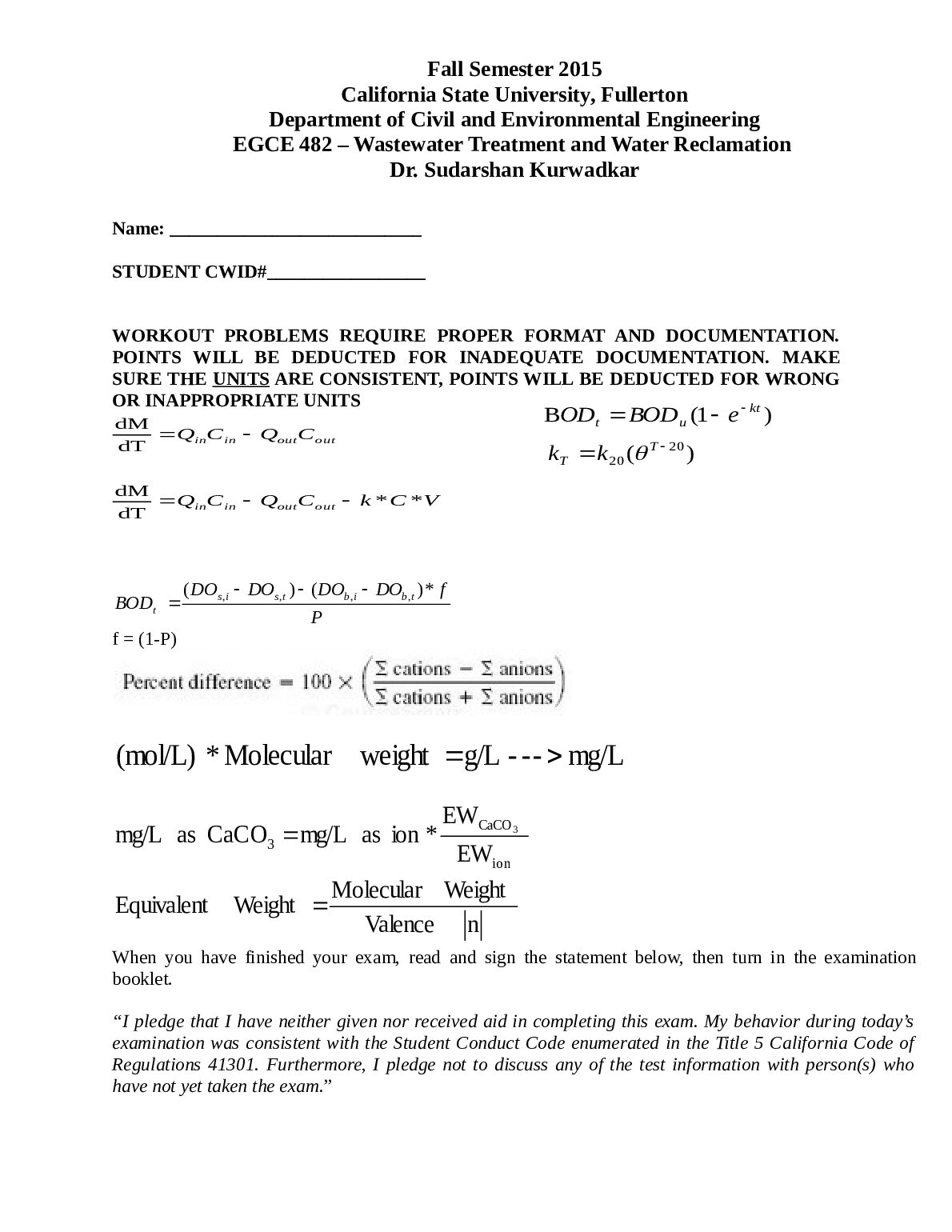 EGCE 482 Wastewater Treatment and Water Reclamation Mid Term Exam preview image