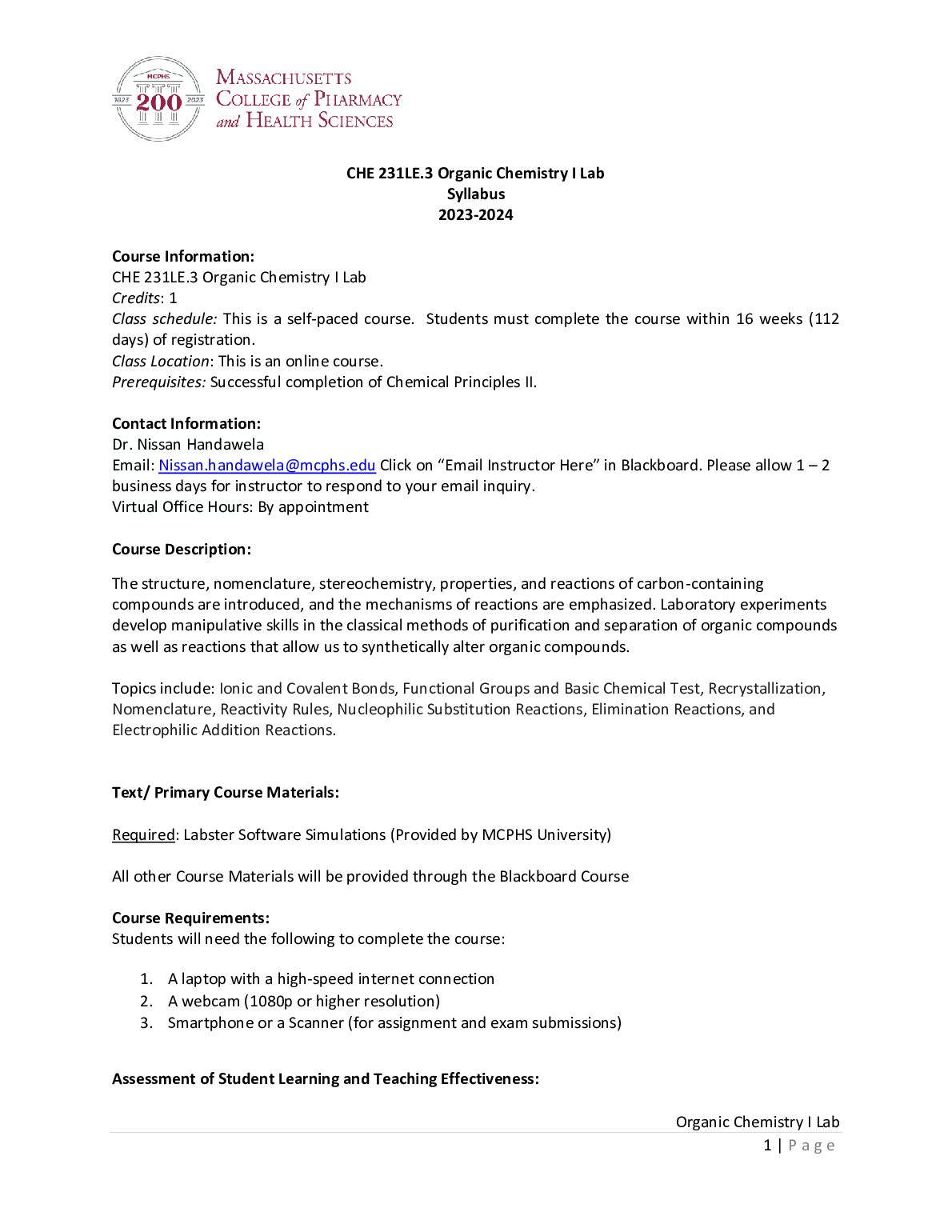 CHE 231LE.3 Organic Chemistry I Lab Syllabus preview image