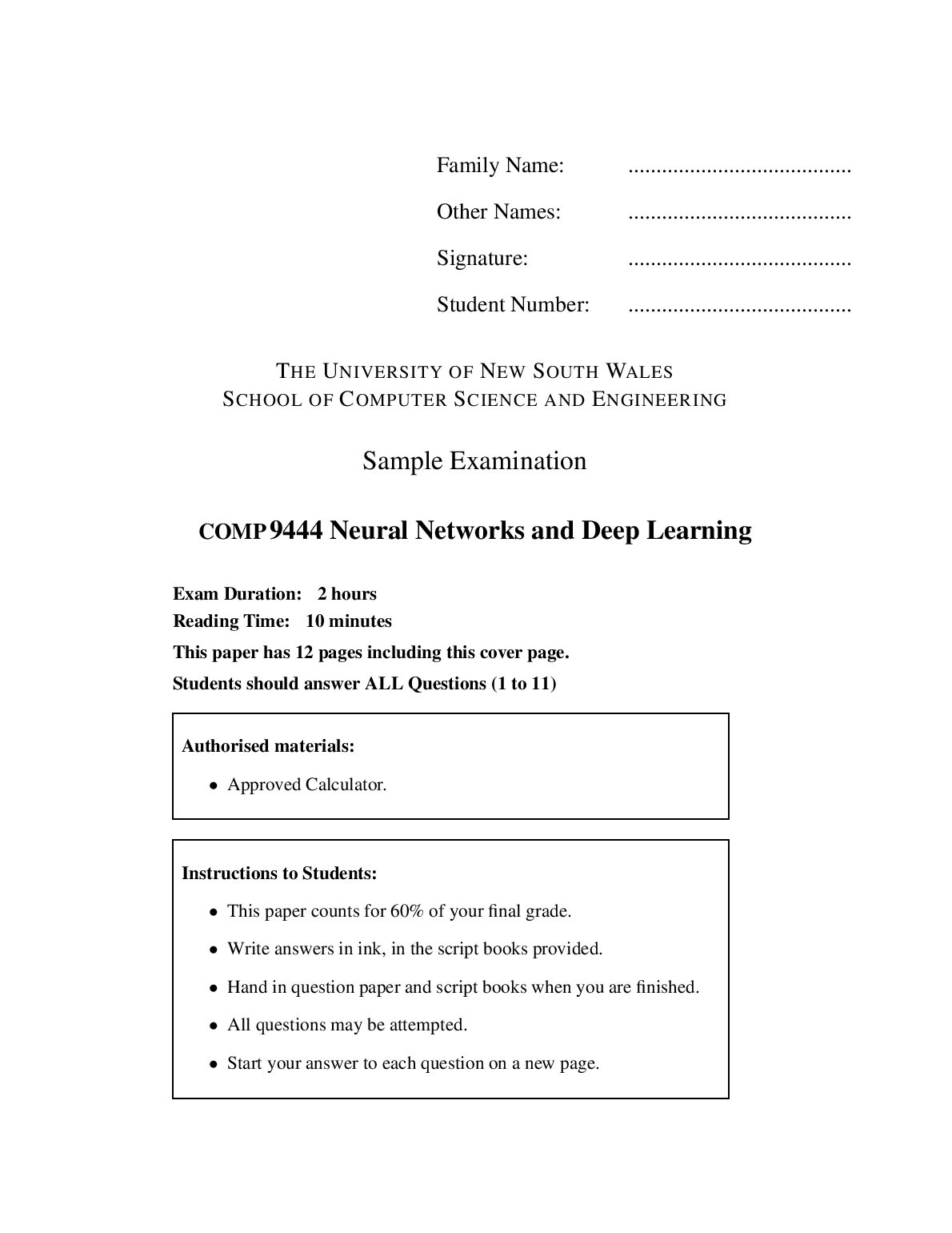 Sample Examination COMP9444 Neural Networks and Deep Learning preview image
