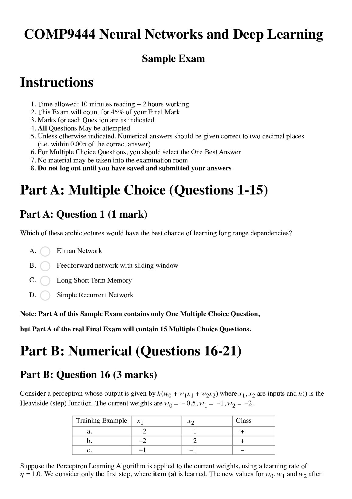 COMP9444 Neural Networks and Deep Learning Sample Exam preview image
