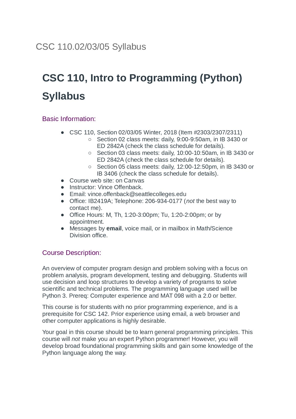 CSC 110, Intro to Programming (Python) Syllabus preview image