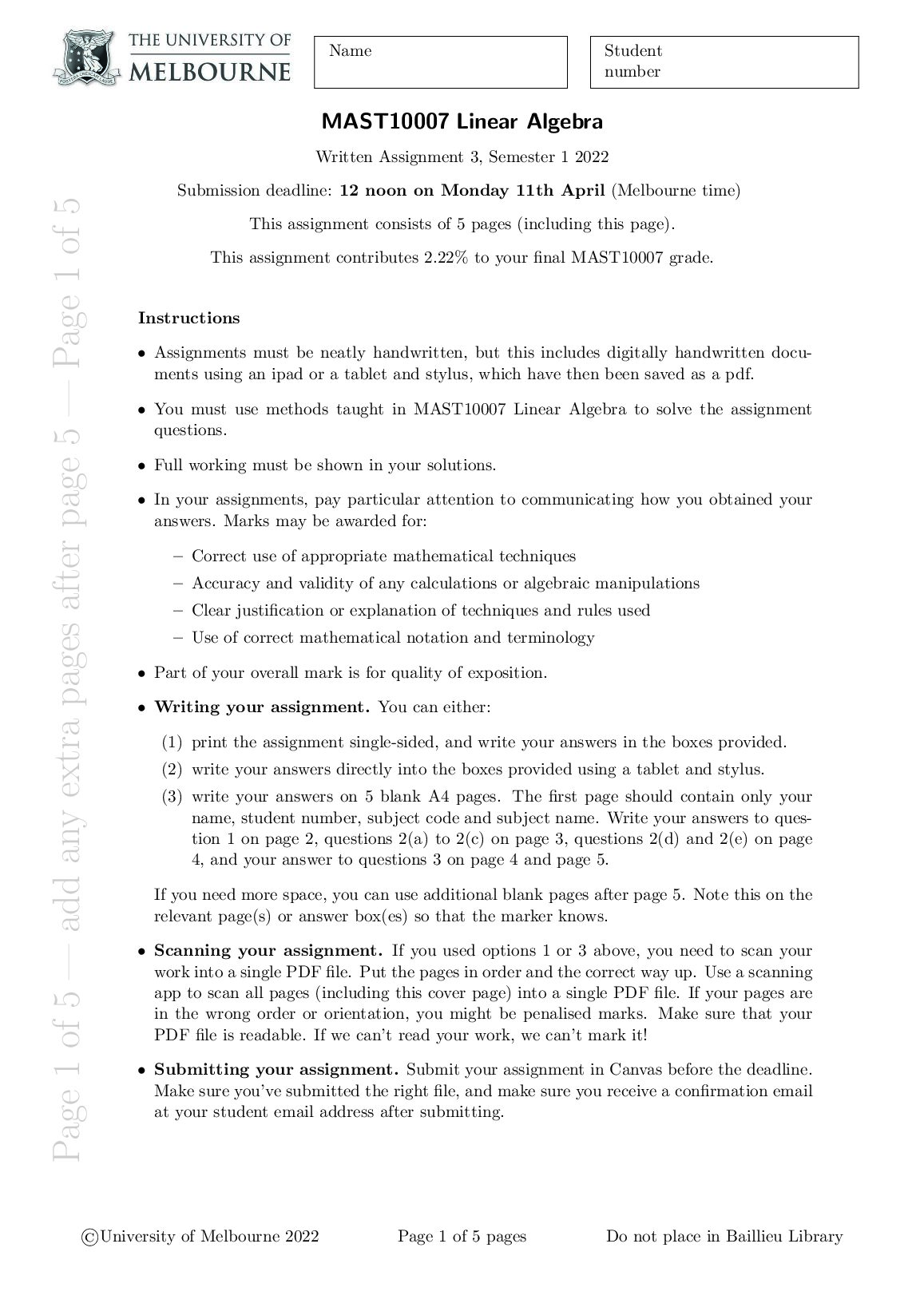 MAST 10007 Linear Algebra  Written Assignment 3 preview image