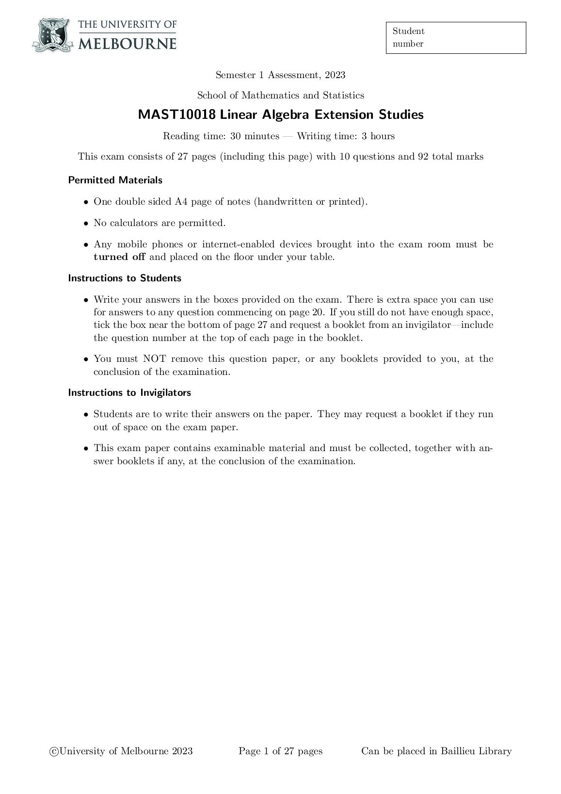 MAST 10018 Linear Algebra Extension Studies Exam preview image