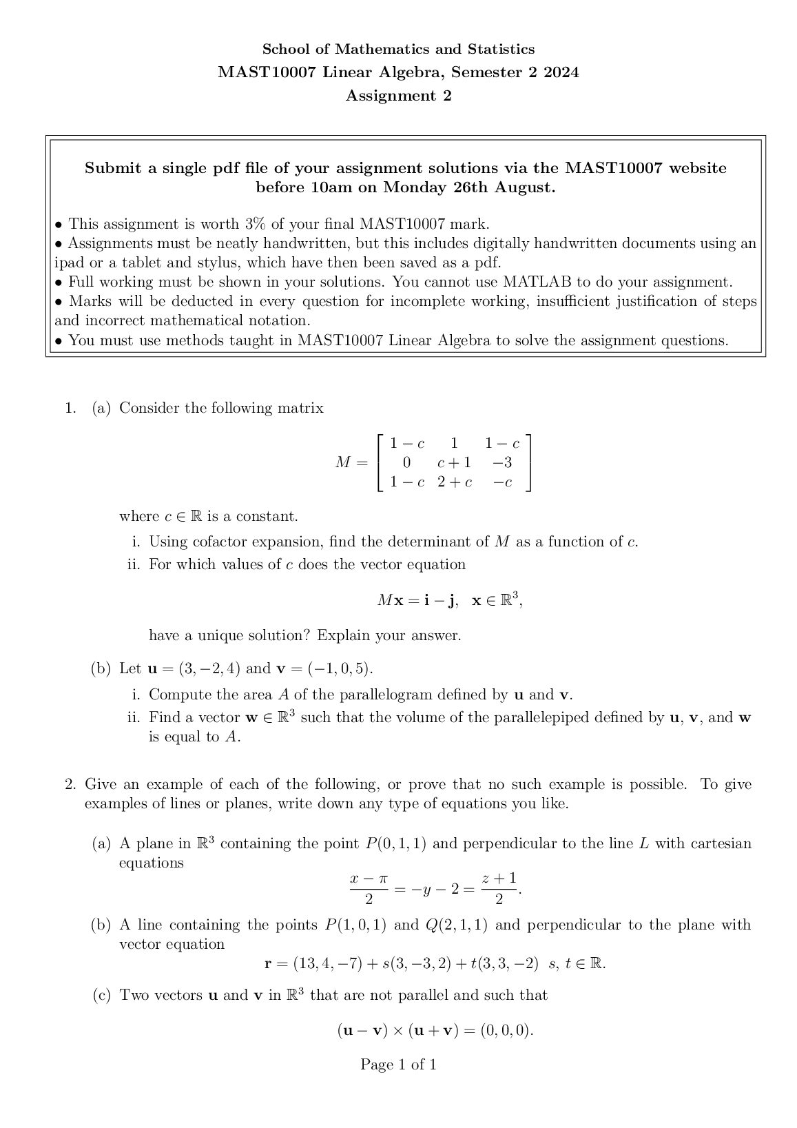 MAST10007 Linear Algebra Assignment: Matrix Determinants & Vector Solutions preview image