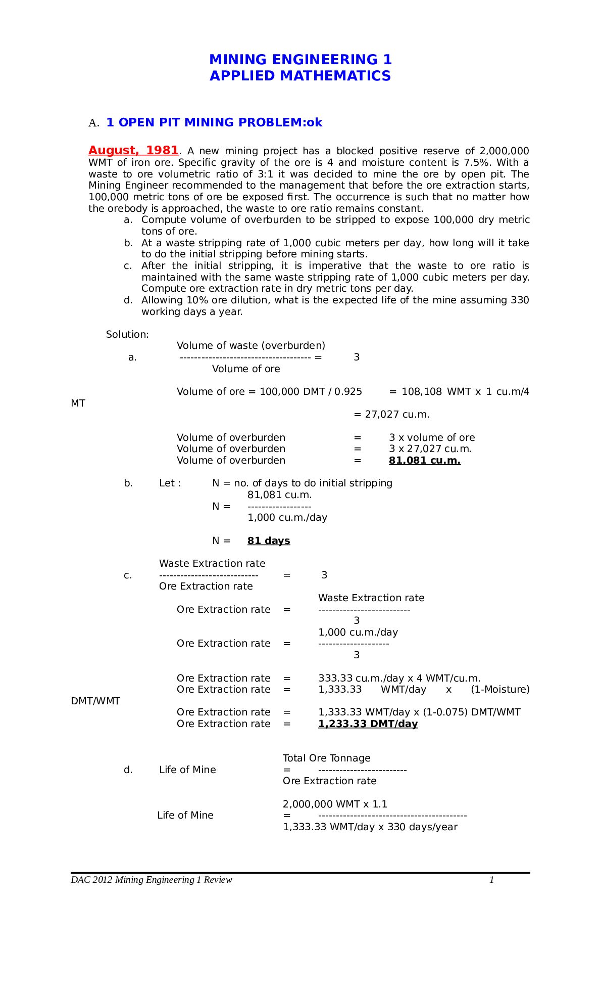 MINING ENGINEERING 1 APPLIED MATHEMATICS preview image