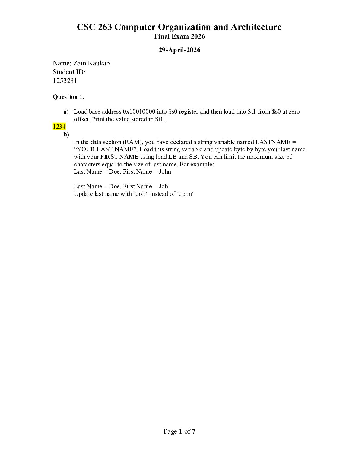 CSC 263 Computer Organization and Architecture  Final Exam 2026 preview image