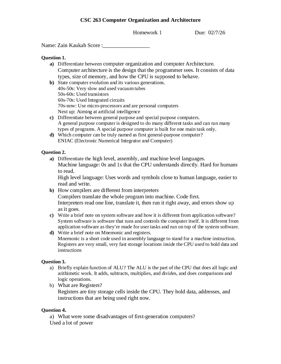 CSC 263 Computer Organization and Architecture  Homework 1 preview image