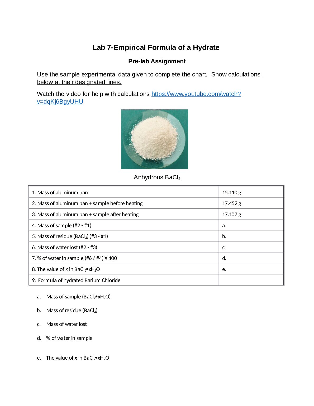 Lab 7-Empirical Formula of a Hydrate Pre-lab Assignment preview image