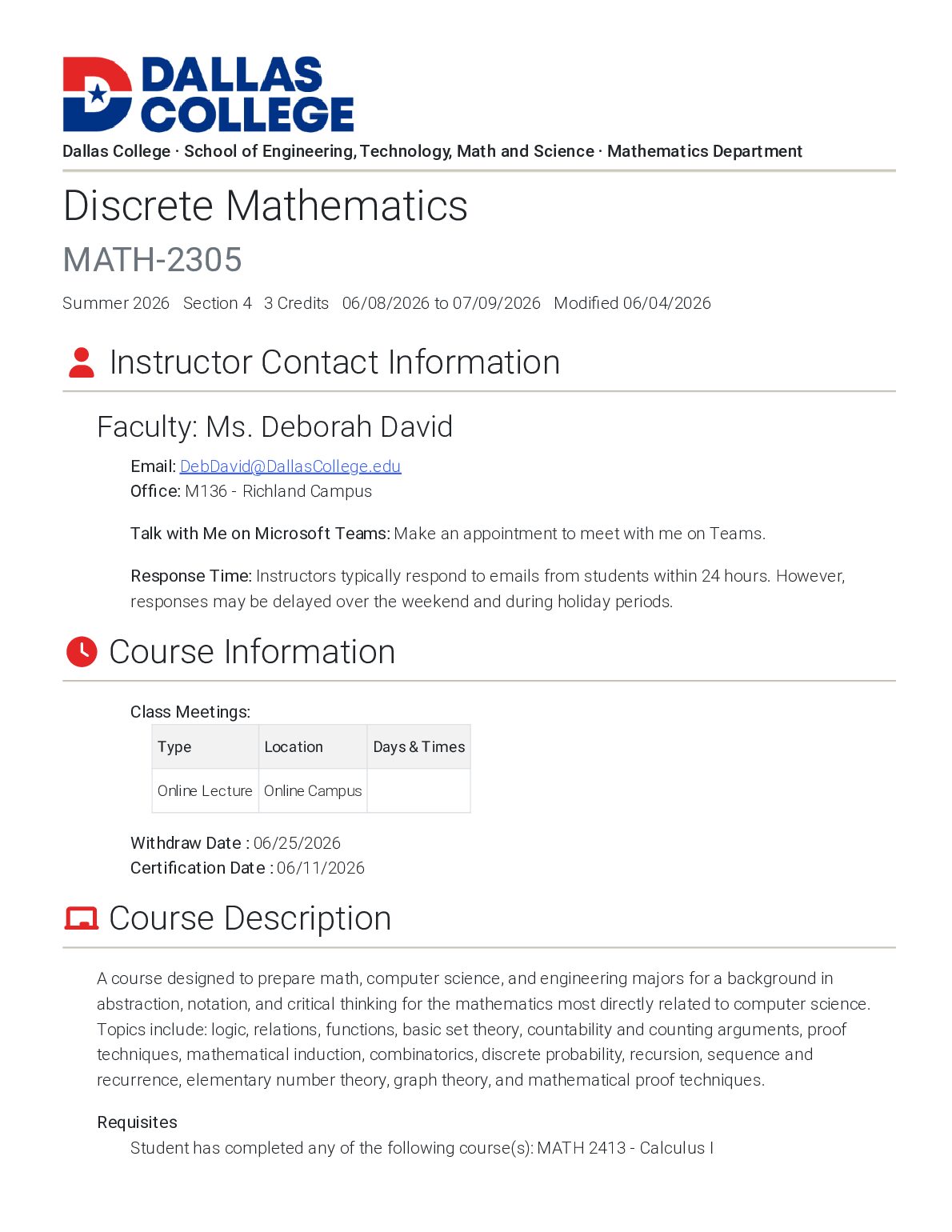 Discrete Mathematics MATH-2305  Summer 2026 preview image