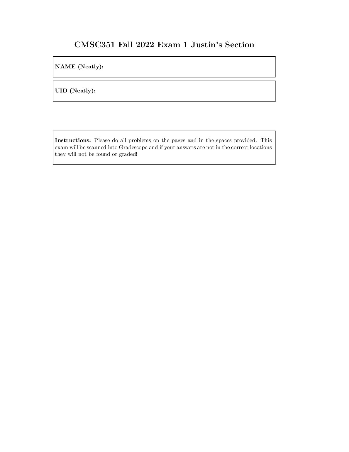 CMSC351 Exam 1 Justin’s Section preview image