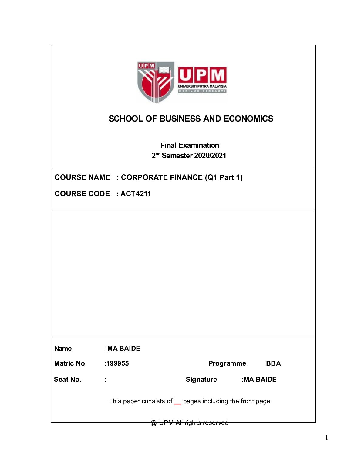 ACT 4211 Final Exams Question 1 Part 1 preview image