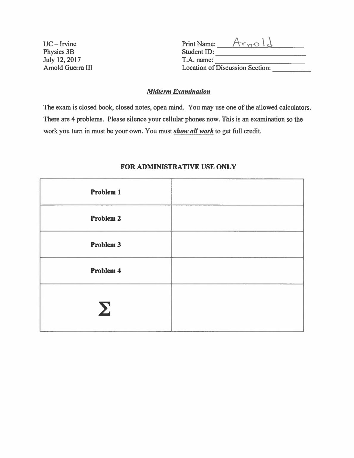 Physics 3B Basic Physics II midterm. preview image