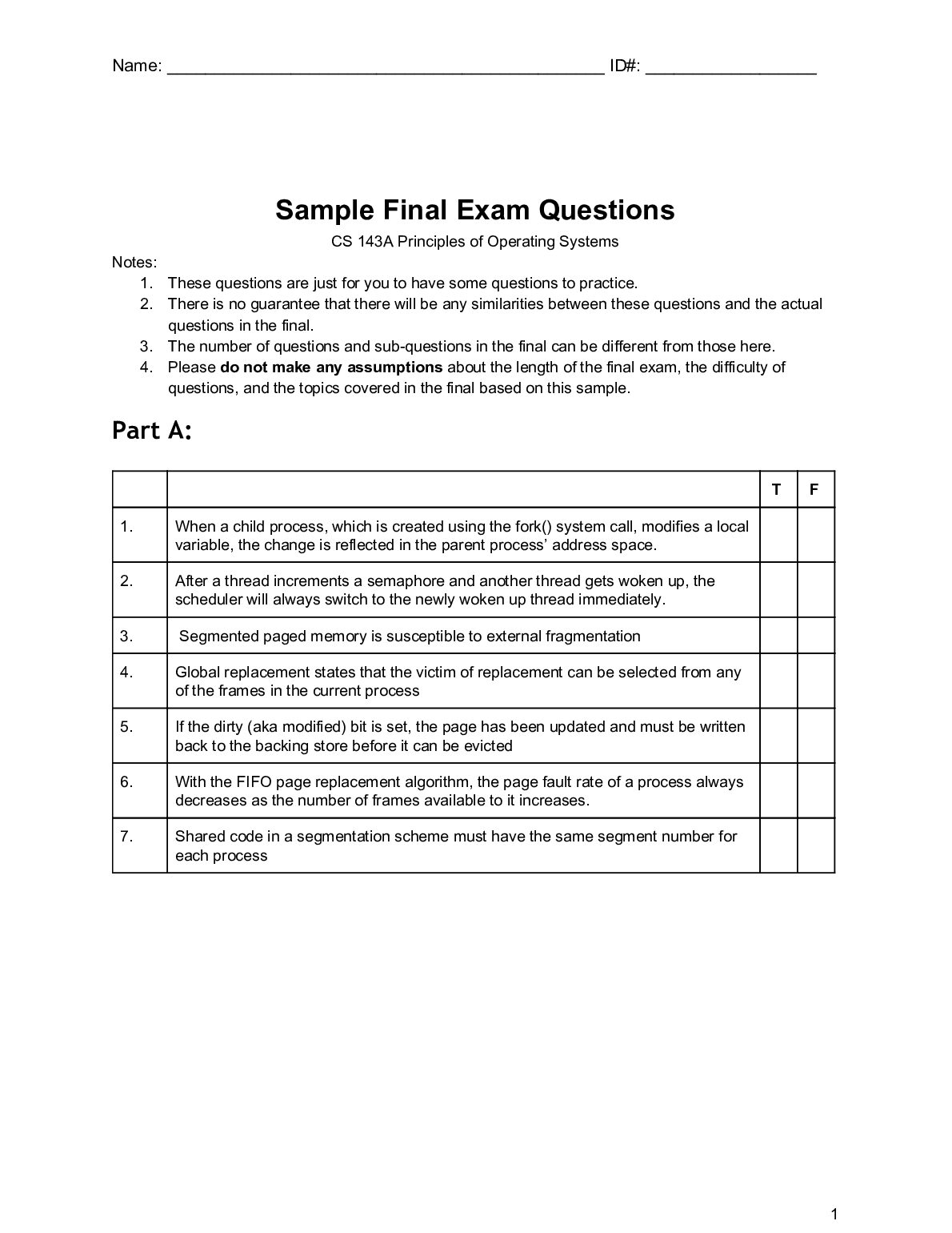 CS 143A Principles of Operating Systems  Sample Final Exam Questions preview image