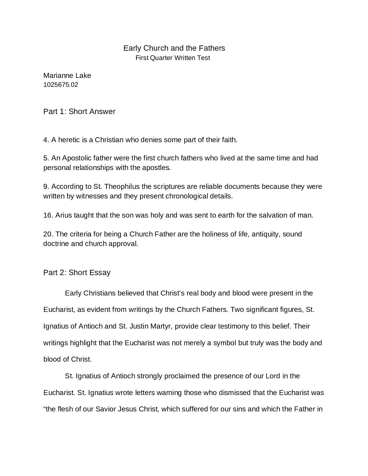 Early Church and the Fathers  First Quarter Written Test preview image