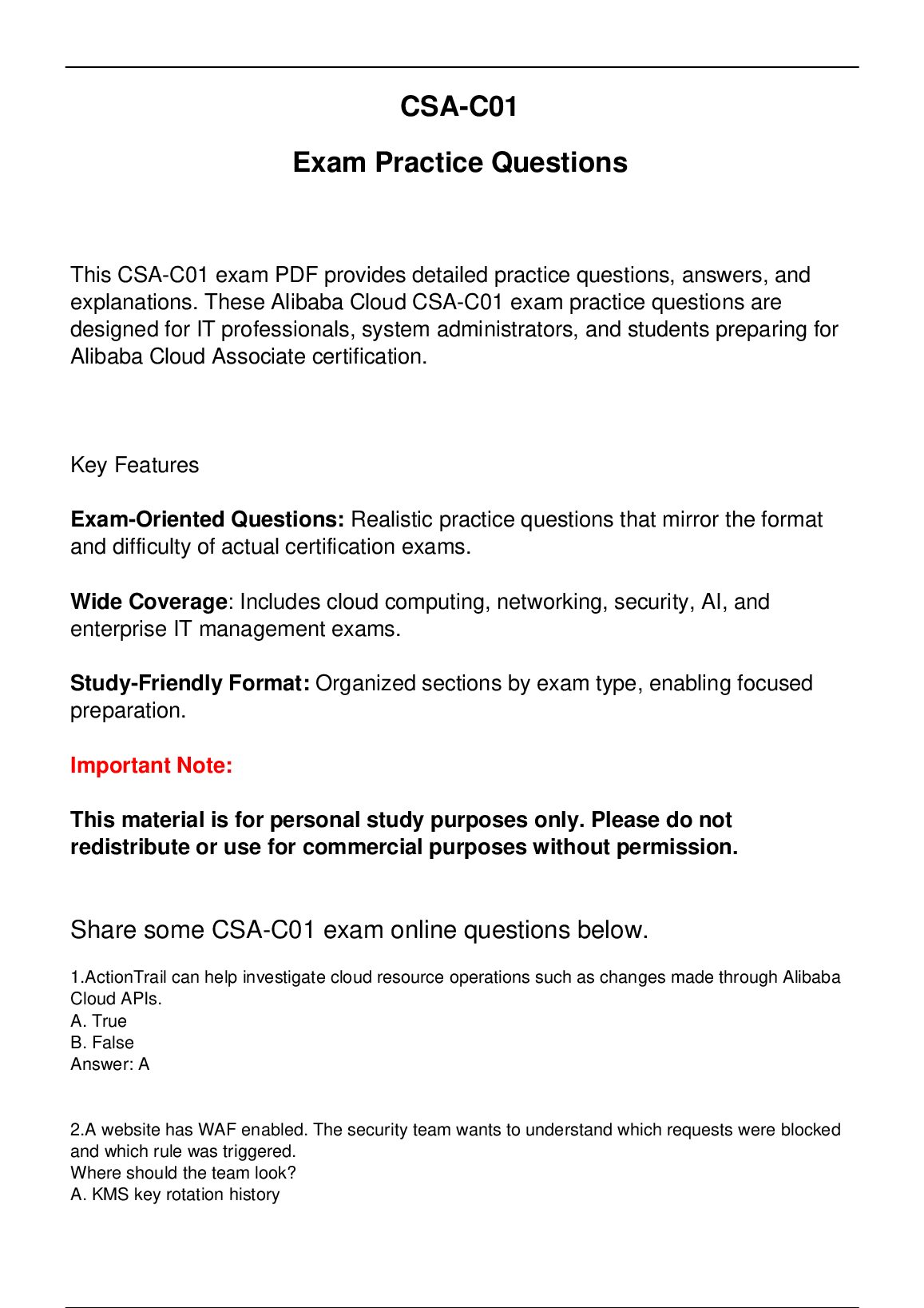 CSA-C01 Exam Practice Questions for  Alibaba Cloud Associate certification. preview image