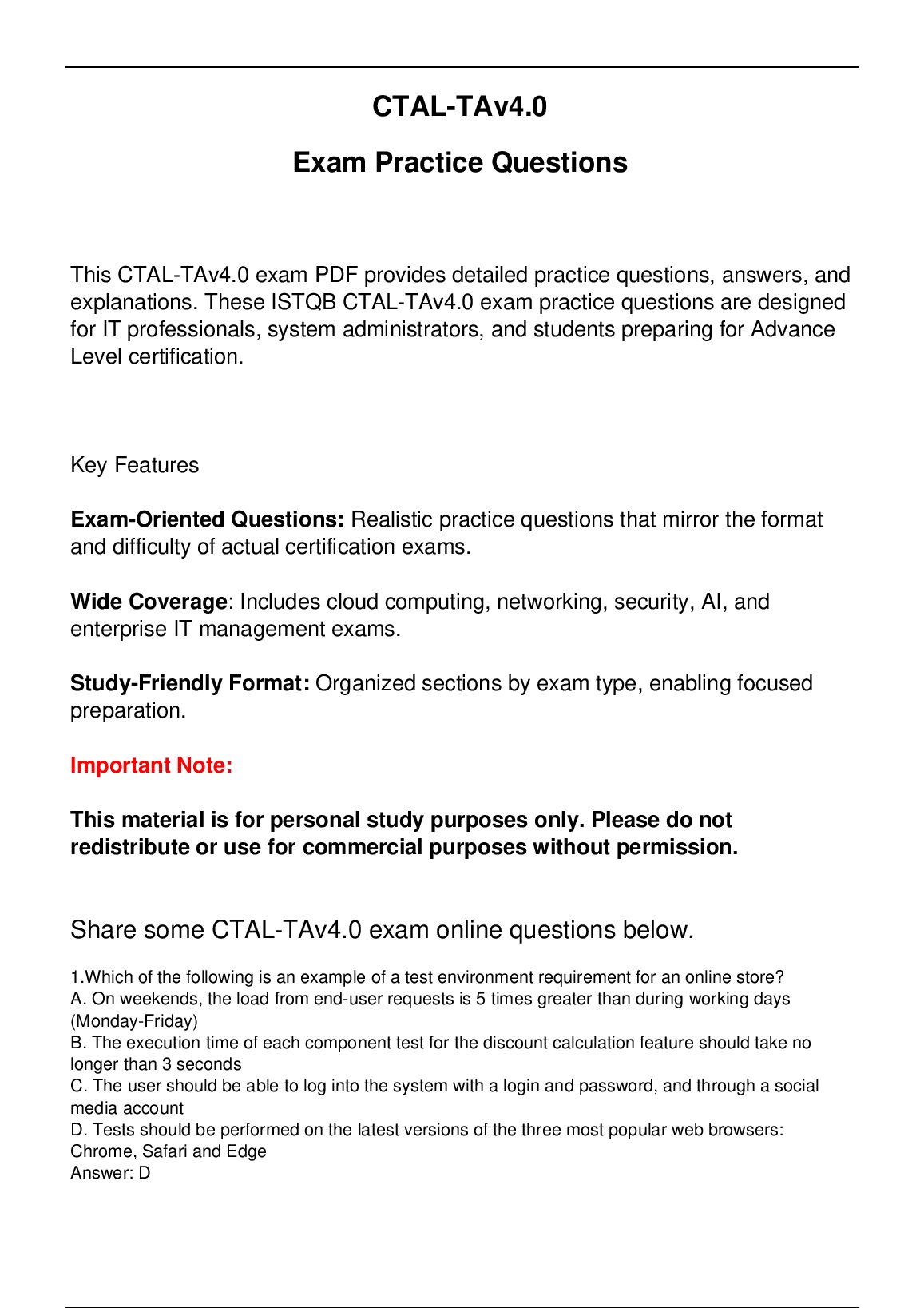 CTAL-TAv4.0 ISTQB Exam Practice Questions  for Advance  Level certification. preview image