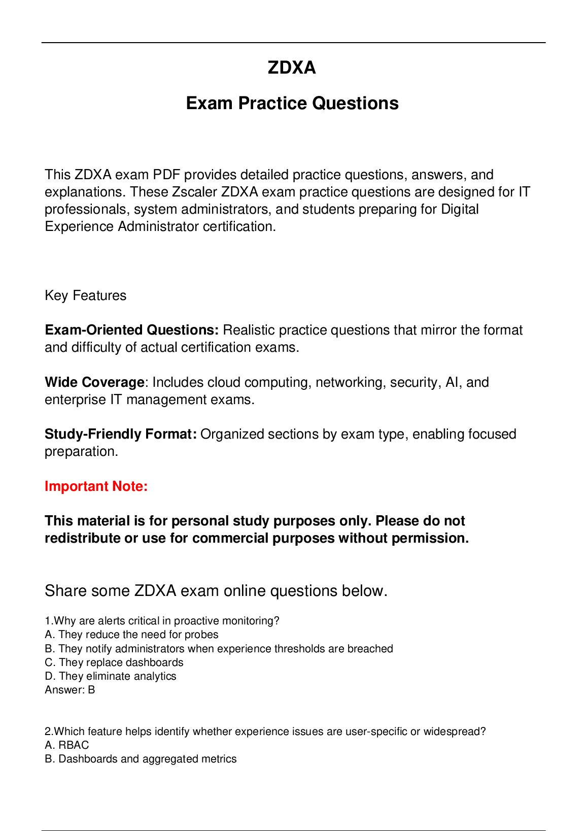 ZDXA Zscaler Exam Practice Questions for Digital  Experience Administrator certification. preview image