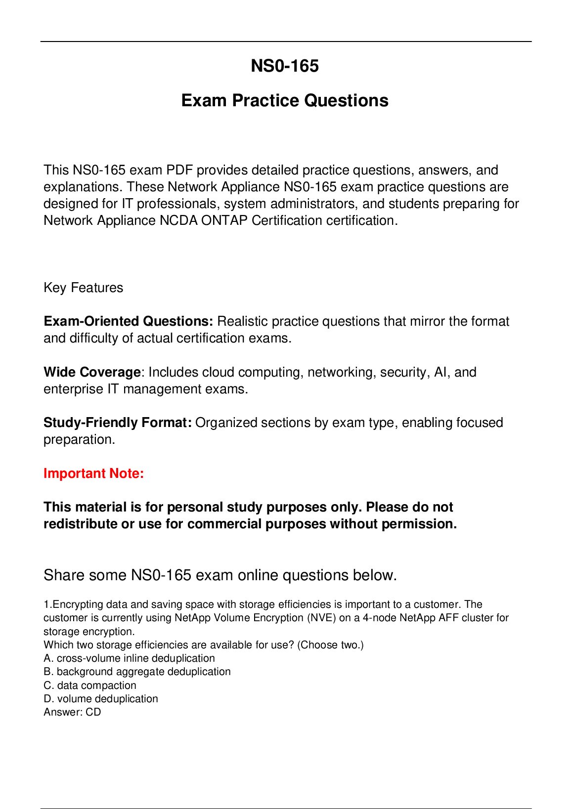 NS0-165 Netapp Exam Updated Practice Questions in June 2026 for  Network Appliance NCDA ONTAP Certification certificatio... preview image