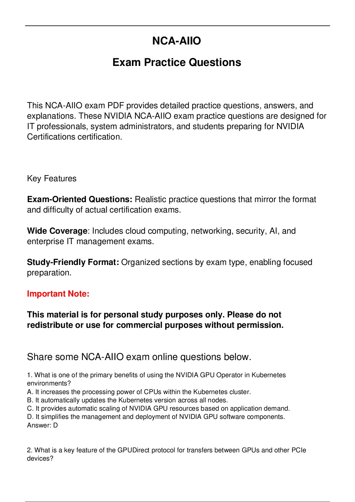 NCA-AIIO NVIDIA Exam Updated Practice Questions in June 2026 for NVIDIA  Certifications preview image