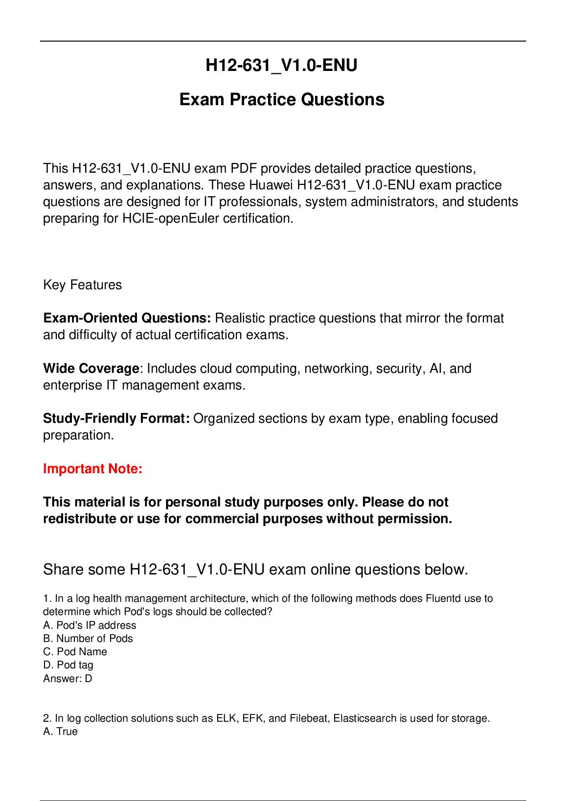 H12-631_V1.0 Huawei Exam Practice Questions for HCIE-openEuler certification. preview image