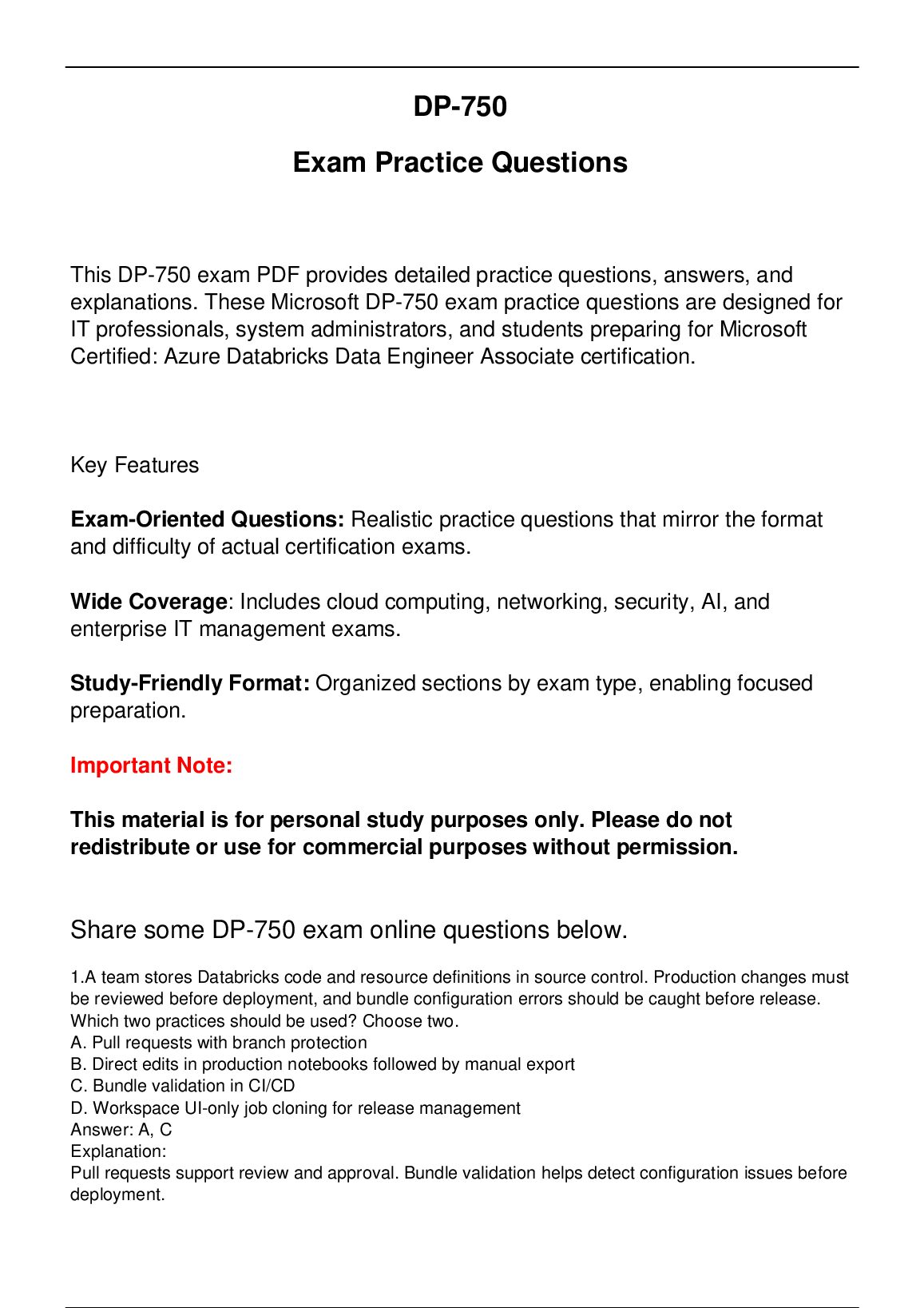 DP-750 Microsoft Exam Practice Questions for Microsoft  Certified: Azure Databricks Data Engineer Associate certificatio... preview image